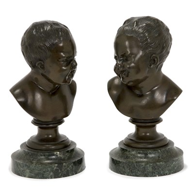 Lot 218 - Pair of Bronze Busts of Infants One laughing,...