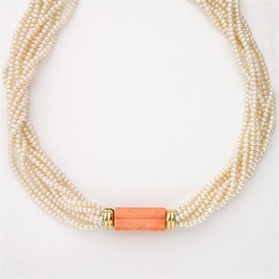 Lot 284 - Seven Strand  Biwa Pearl Torsade Necklace with Gold and Carved Coral Clasp