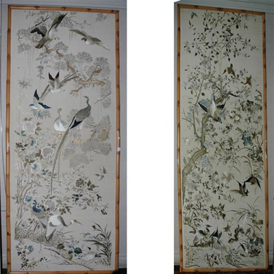 Lot 387 - Pair of Japanese Silk Needlework Panels Each...