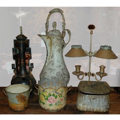 Lot 141 - Group of Six Tole Articles Including a pitcher,...