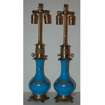 Lot 302 - Pair of Gilt Decorated Blue Opaline Glass...