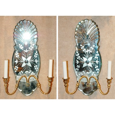 Lot 429 - Pair of Etched Mirrored-Back Two-Light Sconces...