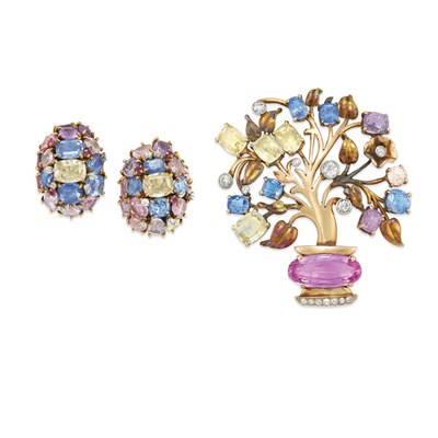 Lot 468 - Gold, Pink Topaz, Multicolored Sapphire and Diamond Brooch and Pair of Cluster Earclips