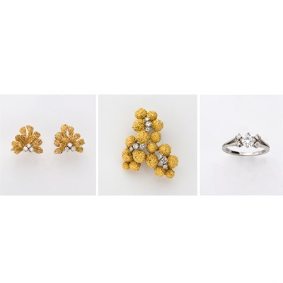 Lot 577 - Gold and Diamond Brooch and Pair of Earclips and Diamond Ring