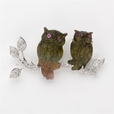 Lot 576 - Carved Tourmaline, Watermelon Tourmaline and Diamond Owl Brooch