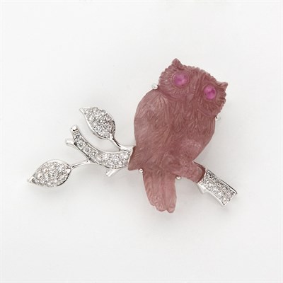Lot 647 - Carved Pink Tourmaline and Diamond Owl Brooch