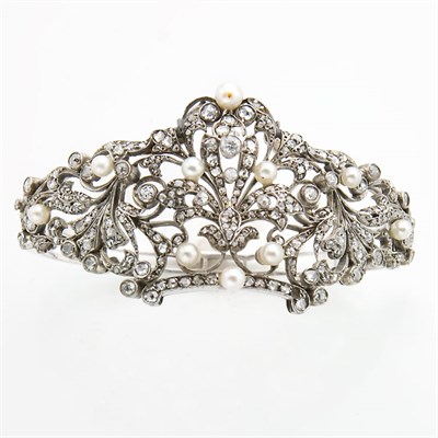 Lot 600 - Silver, White Gold, Pearl and Diamond Bangle Bracelet
