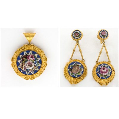 Lot 703 - Antique Gold and Micromosaic Pendant-Brooch and Pair of Pendant-Earclips
