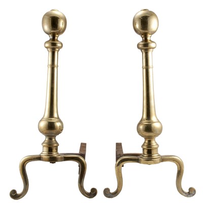 Lot 279 - Pair of Brass Ball Top Andirons 20th Century...