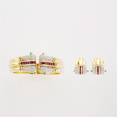 Lot 285 - Gold and Gem-Set Bangle Bracelet and Pair of Earclips