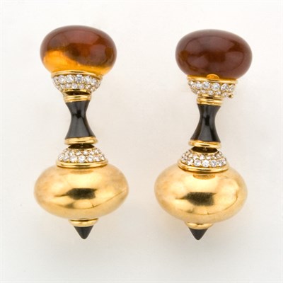 Lot 723 - Pair of Gold, Black Onyx, Simulated Citrine and Diamond Pendant-Earclips, Marina B