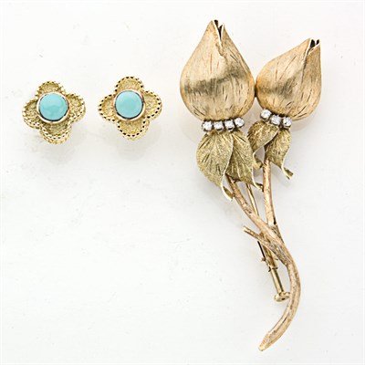 Lot 485 - Pair of Gold and Cabochon Turquoise Clover Earclips and Gold and Diamond Flower Brooch