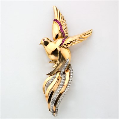 Lot 248 - Gold, Platinum, Synthetic Ruby and Diamond Bird Brooch
