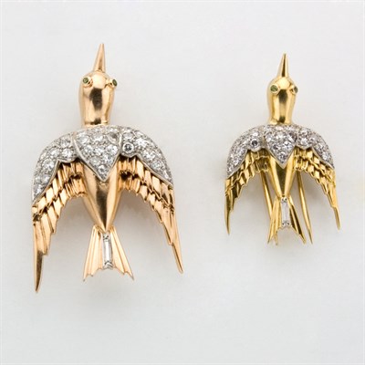 Lot 740 - Two Gold, Platinum and Diamond Bird Clips