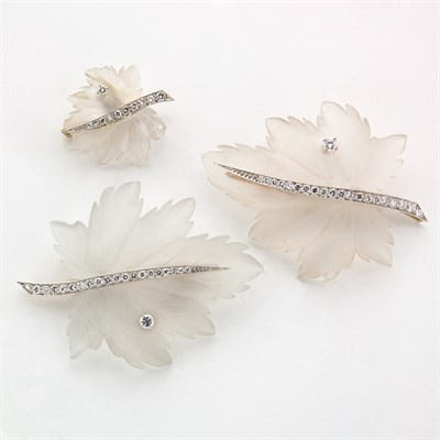 Lot 863 - Group of Three Frosted Rock Crystal and Diamond Leaf Brooches, Tiffany