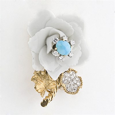 Lot 757 - Gold, Platinum, Porcelain, Turquoise and Diamond Flower Clip-Brooch, David Webb