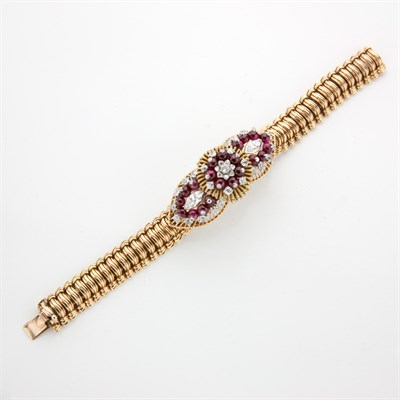 Lot 750 - Gold, Platinum, Diamond and Synthetic Ruby Bead Bracelet