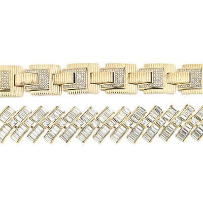 Lot 429 - Two Bold Rhinestone Set Gold-Tone Metal...