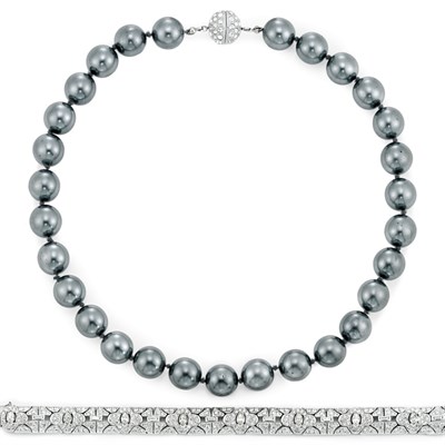 Lot 376 - Faux Gray Pearl Choker and Ciner Art Deco...