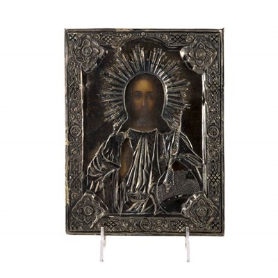 Lot 87 - Russian Silver mounted Wood Icon of Christ Of...