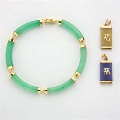 Lot 484 - Group of Gold and Multicolored Jade Jewelry