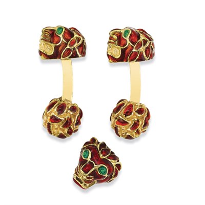 Lot 219 - Pair of Gold and Brownish-Orange Enamel Lion Head Cufflinks and Tie Tack, David Webb