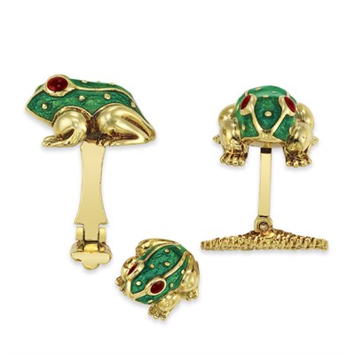 Lot 120 - Pair of Gold and Green Enamel Frog Cufflinks and Tie Tack, David Webb