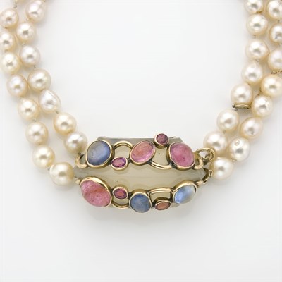 Lot 347 - Double Strand Baroque Cultured Pearl Necklace with Agate, Cabochon Sapphire and Pink Tourmaline Clasp