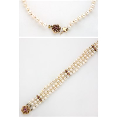 Lot 444 - Cultured Pearl Necklace and Triple Strand Cultured Pearl Bracelet with Gold and Ruby Clasp