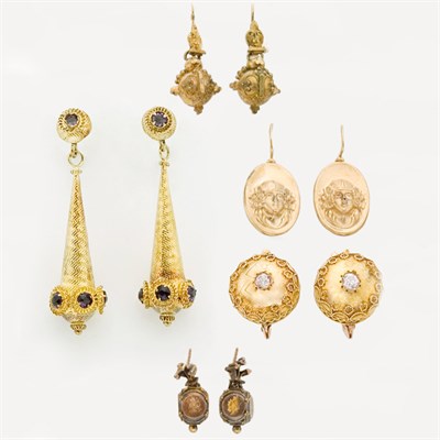 Lot 371 - Group of Five Pairs of Antique and Reproduction Gold and Gold-Filled Earrings
