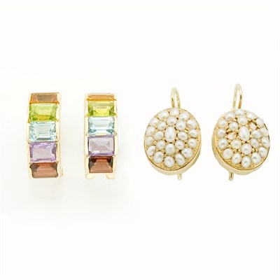 Lot 752 - Group of Eight Pairs of Gold, Stone and Pearl Earrings