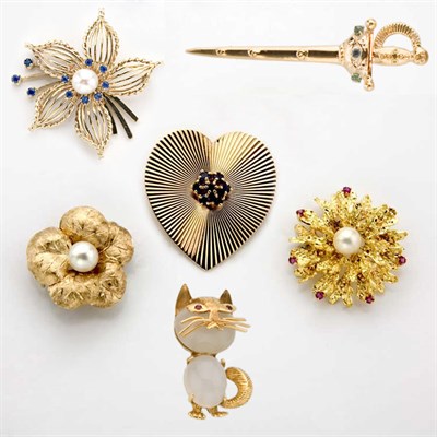 Lot 354 - Six Gold, Cultured Pearl and Colored Stone Brooches
