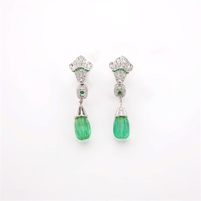 Lot 230 - Pair of Diamond and Fluted Emerald Pendant-Earrings
