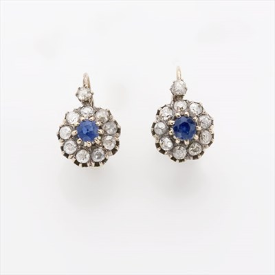 Lot 231 - Pair of Antique Gold, Synthetic Sapphire and Diamond Earrings