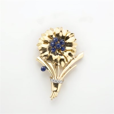 Lot 208 - Gold, Sapphire Bead and Diamond Flower Clip-Brooch