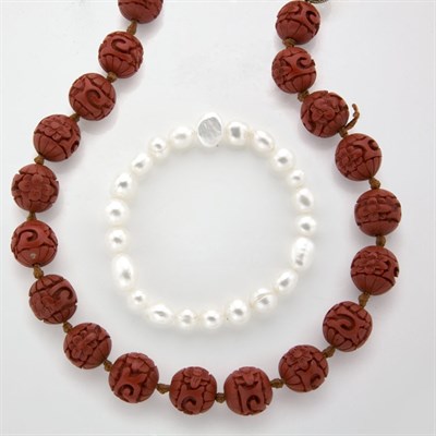 Lot 132 - Assorted Group of Loose Coral Beads, Fresh Water Pearl Jewelry and Cinnibar Bangle Bracelet and Necklace