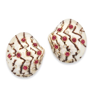Lot 386 - Pair of Gold, Shell, Cabochon Ruby and Diamond Earclips