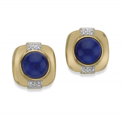 Lot 390 - Pair of Gold, Lapis and Diamond Earclips