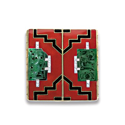 Lot 420 - Art Deco Gold, Enamel, Carved Jade and Diamond Pill Box, Cartier