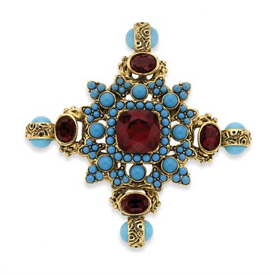 Lot 410 - Simulated Turquoise and Red Stone Brooch