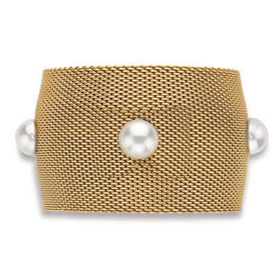 Lot 408 - Costume Yellow Metal and Simulated Mabe Pearl Cuff Bangle