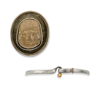 Lot 396 - Sterling Silver and Gold Bangle and Sterling Silver and Hardstone Brooch