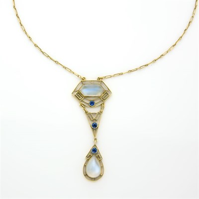 Lot 468 - Gold, Cabochon Moonstone and Sapphire Lavaliere