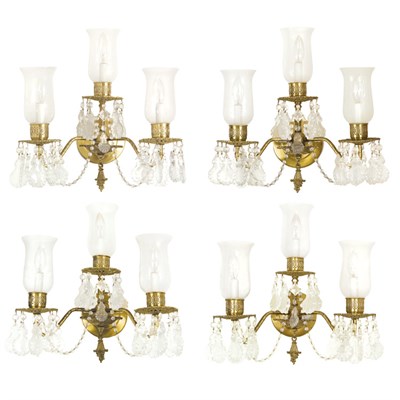 Lot 154 - Set of Four Brass and Cut Glass Three-Light...