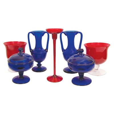 Lot 223 - Group of Cobalt and Red Glass Table Articles...