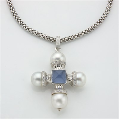 Lot 420 - White Gold, Dyed Blue Chalcedony, Cultured Pearl and Diamond Maltese Cross Pendant with White Gold Chain