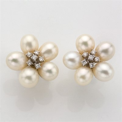 Lot 501 - Pair of Freshwater Pearl and Diamond Flower Earclips