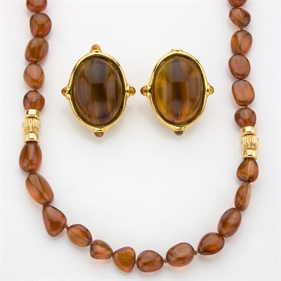 Lot 588 - Pair of Costume Orange Stone Earclips and Pair of Simulated Citrine Bead and Yellow Metal Necklaces
