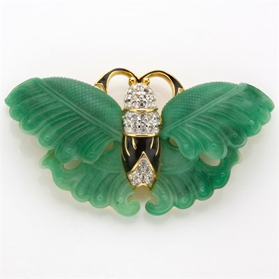 Lot 586 - Costume Carved Green Stone, Simulated Diamond and Black Enamel Butterfly Brooch, Kenneth Jay Lane