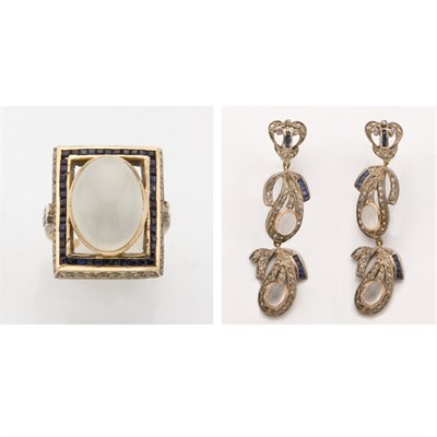 Lot 566 - Pair of Moonstone, Diamond and Sapphire Pendant-Earrings and Ring